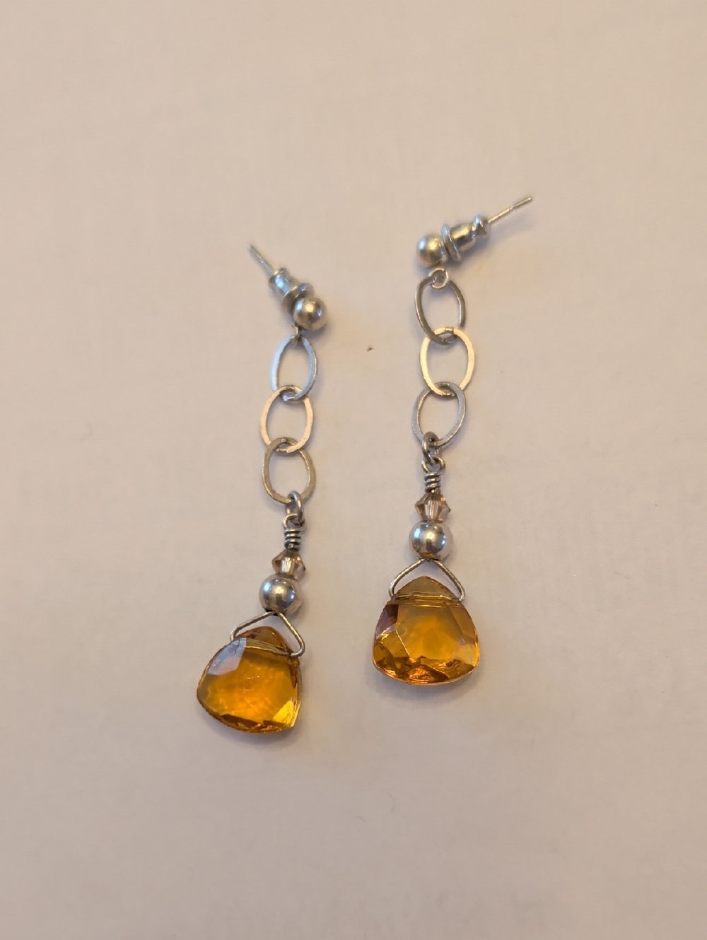 Sterling Silver Drop Earrings with Amber Tone Crystal Dangles